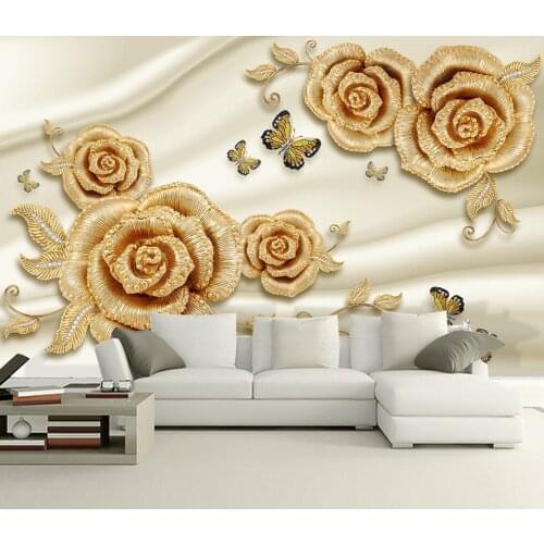 Beibehang Custom wallpaper luxury 3d gold rose diamond butterfly jewelry bedroom TV background wall wallpaper painting