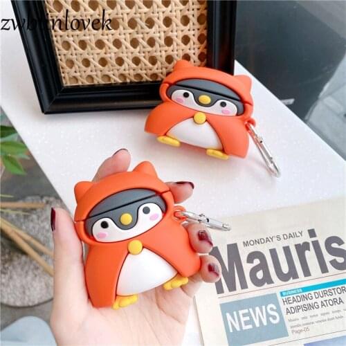 Cute 3D Cartoon Cloak Penguin Silicone Case For Apple Airpods 1 2 Wireless Headphone Product Cover Box With Hook Keyring