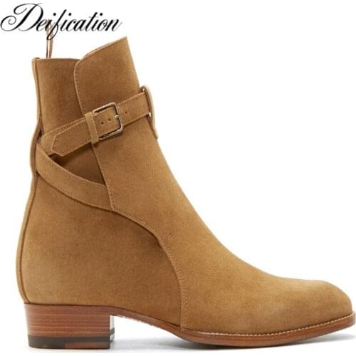 Deification Design Mens Hedi Jodhpur Boots Fashion Suede Buckle Strap Tan Booties Shoes Men Pointed Toe Flat Ankle Boots Shoes