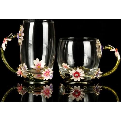 Daisy Enamel Cup Transparent Flower Tea Glass Cup Crystal High Borosilicate Straight Glass Cup Champagne Glasses