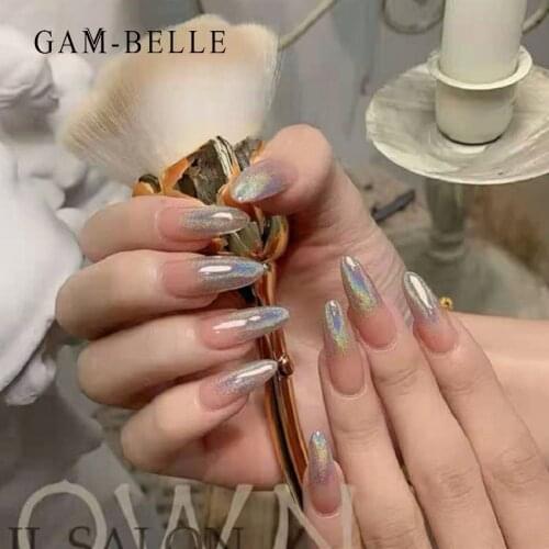 GAM-BELLE Holographic Gradient Full Fake Nails Long Ellipse Shape Press On Nails Party Club Style Artificial False Nail Tips