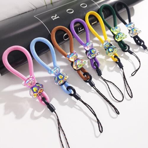 Crystal Bear Short Braid Phone Lanyard Finger Ring Strap for iphone huawei redmi xiaomi Samsung Camera GoPro String Holders