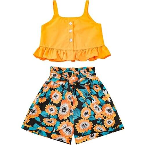 2 Pcs Infant Summer Outfits Set Baby Girls Solid Color Square Collar Ruffle Button Tank Top Sunflower Print Shorts Children Sets