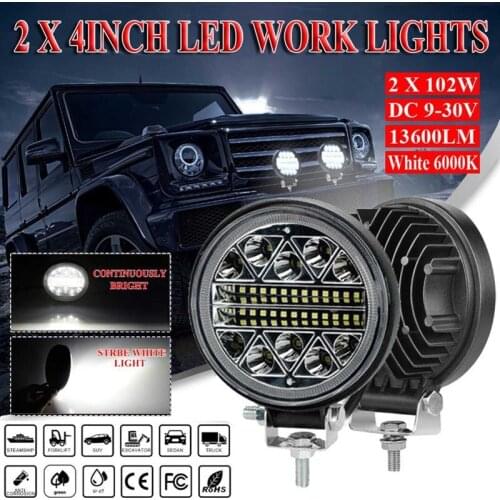 2PCS 4inch 102W Round LED Work Light Bar 13600LM OffRoad 12V 24V Spot LED Light Bar for Truck SUV Boat truck Tractor Fog Lights