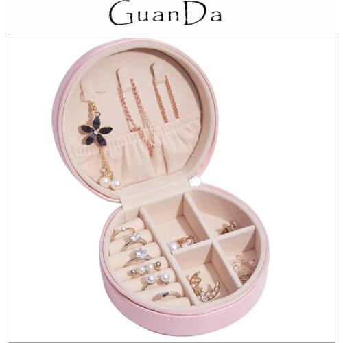 Round Travel Jewelry Storage Case Zip Closure PU Leather Organizer Jewellery Box Small Size Large Capacity Makeup Display