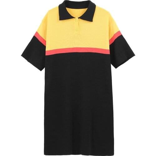 PERHAPS U Black Gray Patchwork Loose Short Sleeve Turn Down Collar Women Loose Mini Knitting Dress Summer Casual D1353