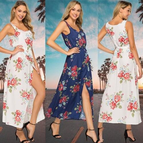 Fashion Boho Floral Print Tunic Maxi Dresses Women Waist Pleated Round Neck Long Dress Sleeveless Summer Beach Dresses