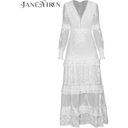 Janeyiren Fashion Designer dress Spring Womens Dress V-neck Lantern Sleeve Flowers Embroidery Cascading Ruffle Vacation Dress