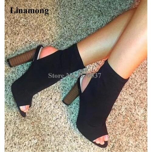 2018 Spring New Fashion Women Open Toe Bandage Chunk Short Boots Cut-out Thick Heel Short Stretchable Boots Slim Shoes