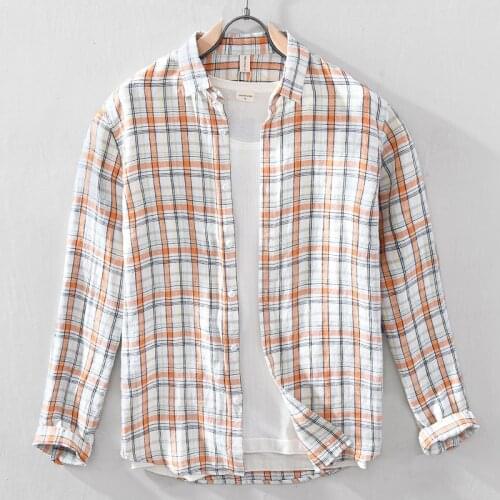 A903 Autumn High Quality Plaid Shirts Linen Casual Classic All-Match Loose Long Sleeve Turn-Down Collar Breathable Fashion Tops
