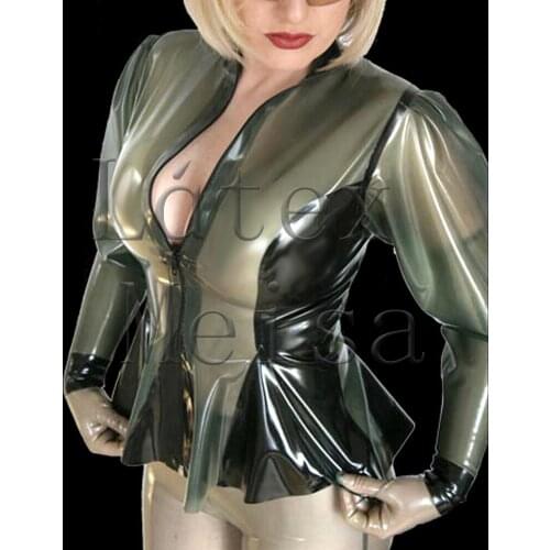 Sexy womens Fetish latex blouses in transparent army green color with black trim decorations