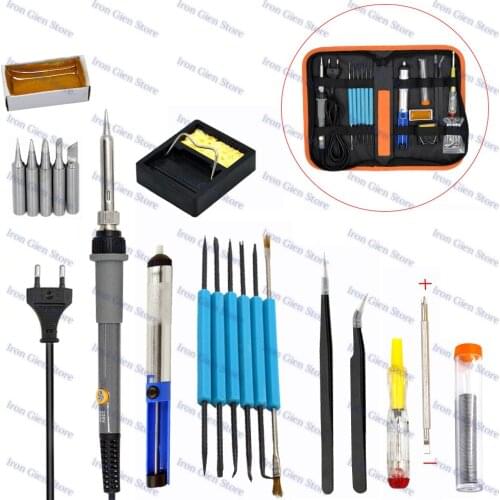 EU Plug 220V 60W Electric Soldering Iron Kits Adjustable Temperature Welding Repair Auxiliary Tools with 5 Iron Tips Stand Rosin