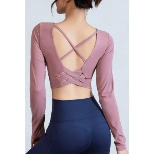 Sexy Hollow Out Back Cross Shirts Women Long Sleeve Womens Workout Clothes Fitness Crop Tops With Chest Pad Training Clothing