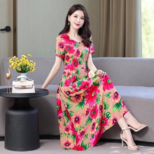 2021 Women Dresses Summer O-Neck Floral Print Boho Beach Dress Short Sleeve long Dress Sundress Robe