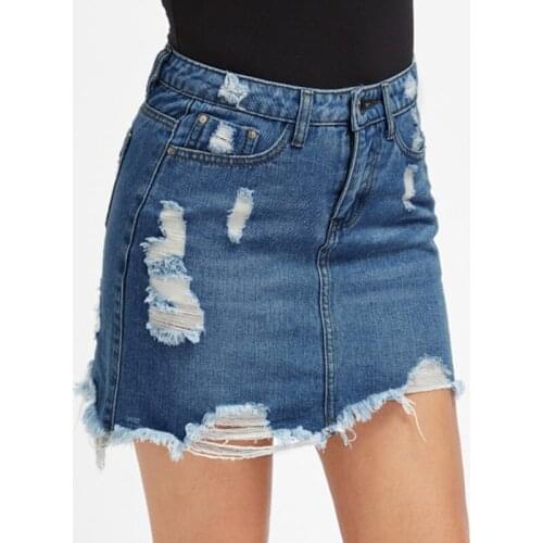 Women Ripped Casual Mini Denim Skirt Summer Bodycon Skirt Basic Pocket Jeans Skirt Mid Waist Skirt
