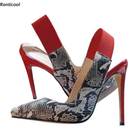 Ronticool Handmade Women Pumps Pretty Snake Pattern Stiletto Heels Pointed Toe Gorgeous Red Party Shoes Women US Plus Size 5-15