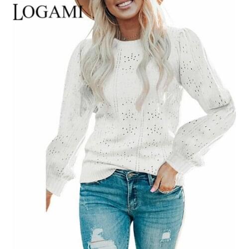 LOGAMI Lantern Sleeve Hollow Out Sweater Woman Solid Autumn Spring Tops Women 2021 Pullover Jumper