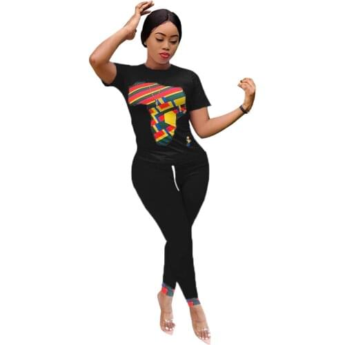 Africa Map Print Women Two Piece Set Short Sleeve T Shirt Top Pencil Pants Jogging Suit Female Active Tracksuit
