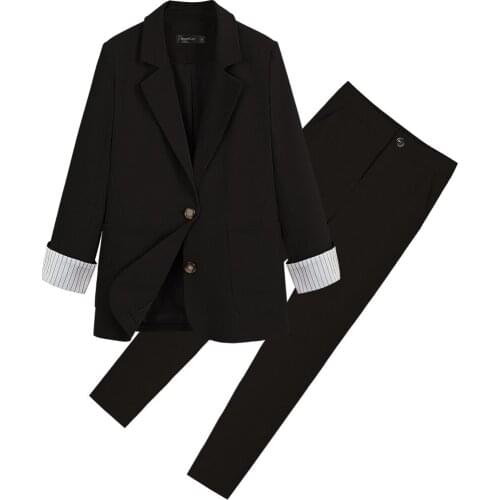 Womens suit autumn new womens temperament single-breasted black large size jacket casual feet pants suit two-piece suit