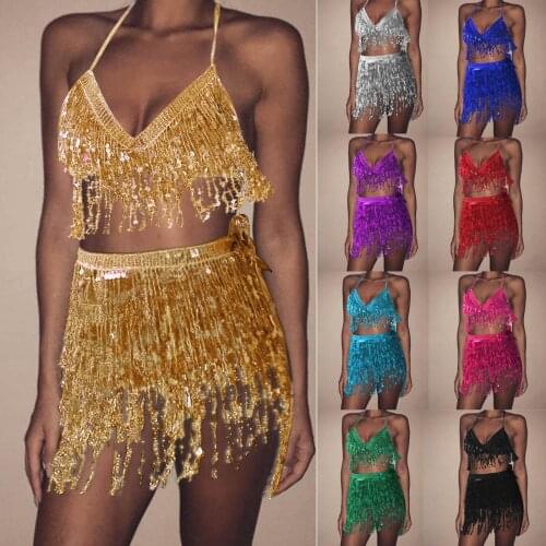 Women Sequin Belly Costume Tassel Wrap Mini Club Vest Set Unique Design Moving Lovely Sound Dance Shake Sexy Girls Camisole Top