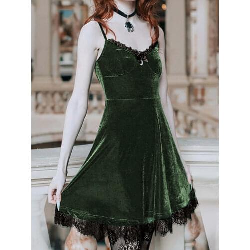 InsDoit Goth Sexy Green Black Dress Women Velvet Retro Lace Aesthetic Summer Dress Harajuku Elegant High Waist A Line Dresses