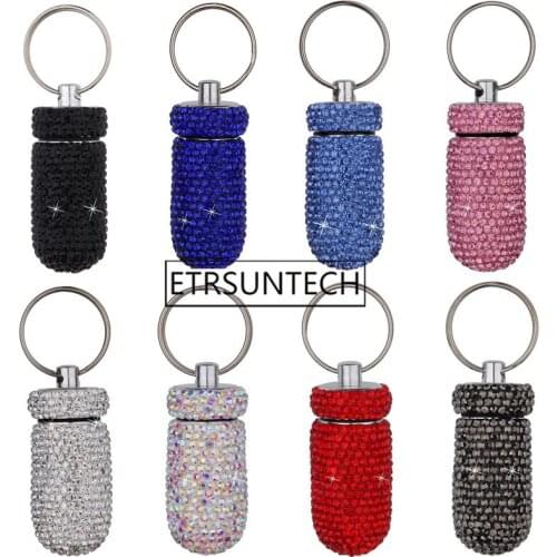 50pcs Medicine Pill Case Box Portable Outdoor Waterproof Rhinestone Keychain Container