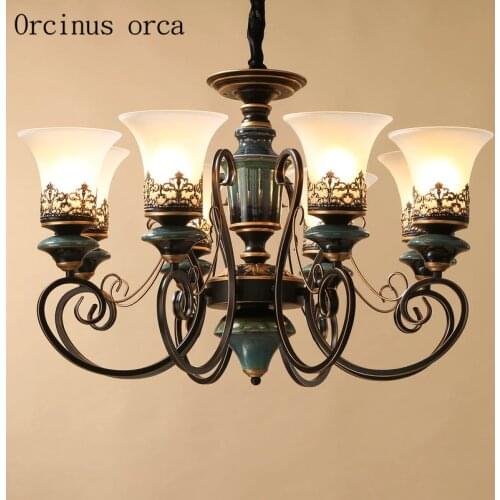 American luxury blue ceramic chandelier living room bedroom lamp European retro creative iron Chandelier free shipping