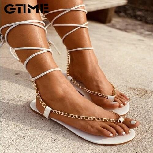 Summer Sexy Trend Women Sandals Metal Chain Narrow Band Cross Tied Flat Heel Fashion Ladies Shoes Female Casual Wedding Rome