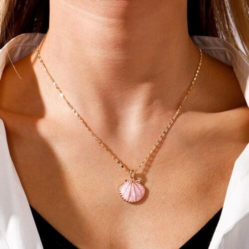 Novelty Pink Blue Enamel Fan Shell Pendants Necklaces Gold Color Chain Choker Necklace for Women Summer Beach Party Jewelry