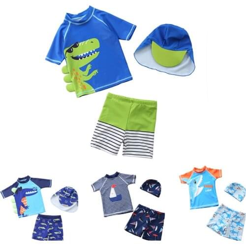 Ircomll 2021 Childrens Swimsuit Kids Cartoon Short Sleeves Top+Swimming Trunks Boys With Swimming Cap Boys Kids Swimwear