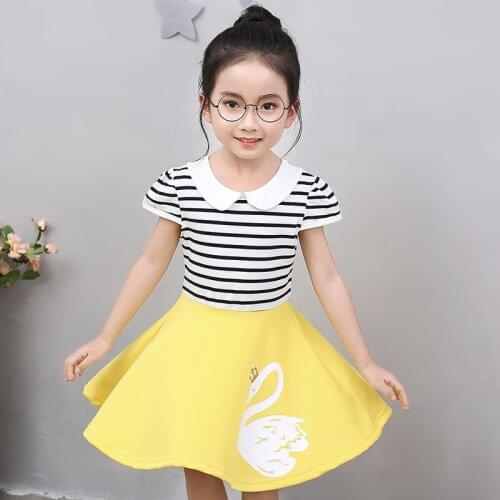 Summer 2019 New Childrens Short-sleeved Printed Cotton Striped Princess Pearl Girls Dress
