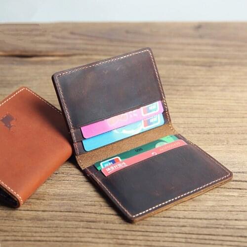Men Real Leather ID credit card holder short small Slim wallet business cards Bus traffic