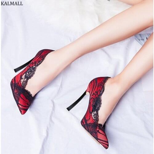 KALMALL Sexy Pointed Toe Stiletto Heels Women Pumps Red Purple Lace Metal Heels Single Shoes Nightclub Style Women Dress Shoes