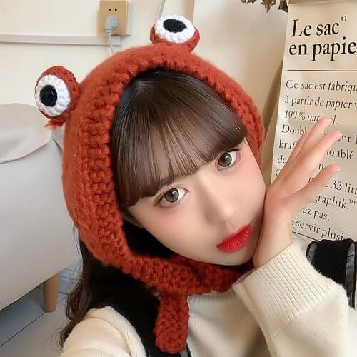 Korean Style Winter Warm Frog Hat Ear Cap Knitted Woolen Multicolor Cute Big Eyes Caps Headwear For Female Girls Cosplay Party