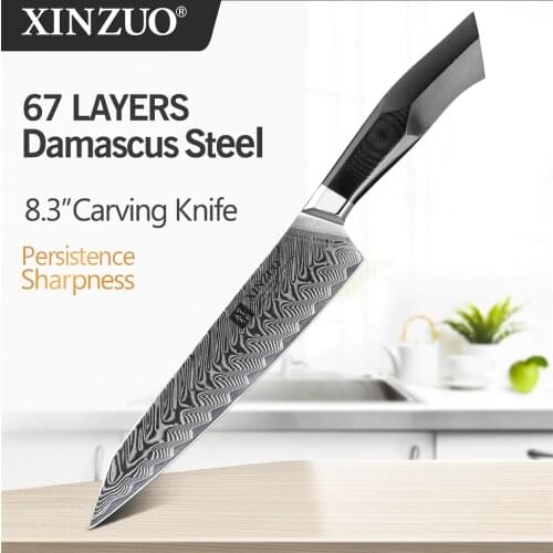 XINZUO 8.3" inch Carving Knife VG10 Damascus Steel Slicing Master Knives Kitchen Cutlery Black G10 + Mosaic Brass Rivet Handle