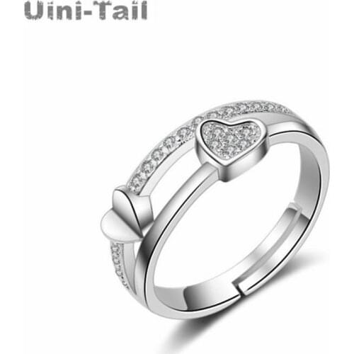 Uini-Tail hot new 925 sterling silver double heart-shaped open ring micro-set simple Korean temperament fashion trend wild