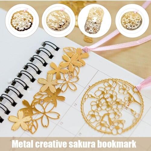 Sakura Series Chinese Style Hollow Bookmark Metal Small Mini Brass Bookmark Pink Ribbon Book Folder GK99