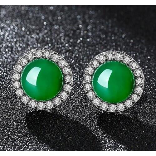 100% 925 Sterling Silver Stud Earrings For Female Natural Round Green Jade Earrings Emerald Gemstone Fine Jewelry Lady Earring
