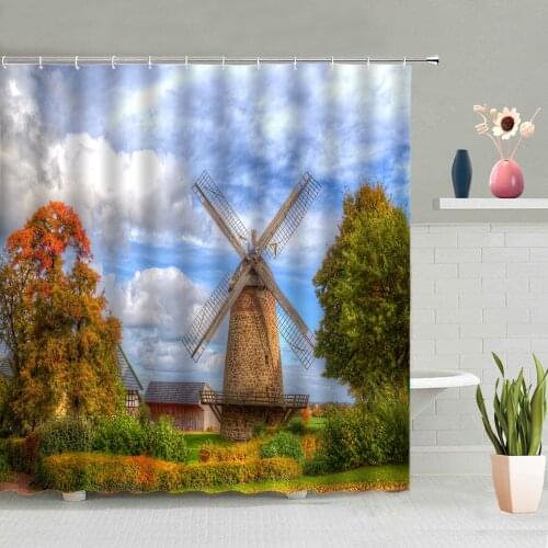 Shower Curtains Windmill Pattern Sunflower Flower Butterfly Blue Sky White Cloud River Grassland Scenery Decoration With Hooks