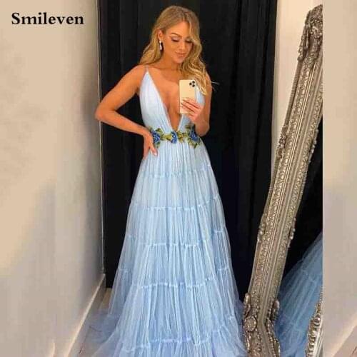 Smileven Sky Blue Formal Evening Dresses With Flowers Sexy V Neck Straps Prom Party Gowns Long A-Line Prom Dresses