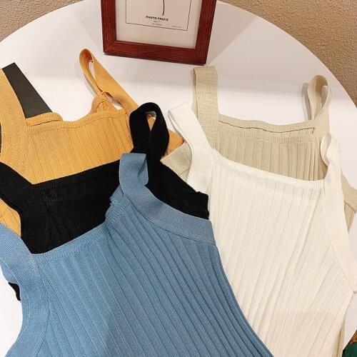 Summer Women Tank Tops Sexy Square Collar Solid Color Sleeveless Tops Sexy Knitted Camisoles