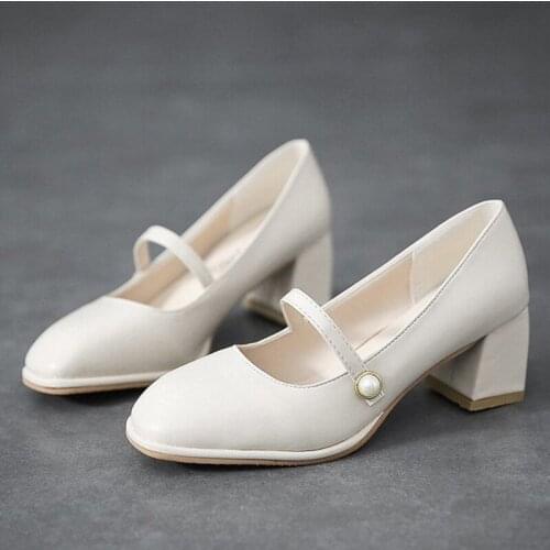 Women Toe Block Heels Elegant Shoes Square Ladies Mary Janes Slip-on Pu Leather Female Pumps 2021 Comfortable Woman Footwear New