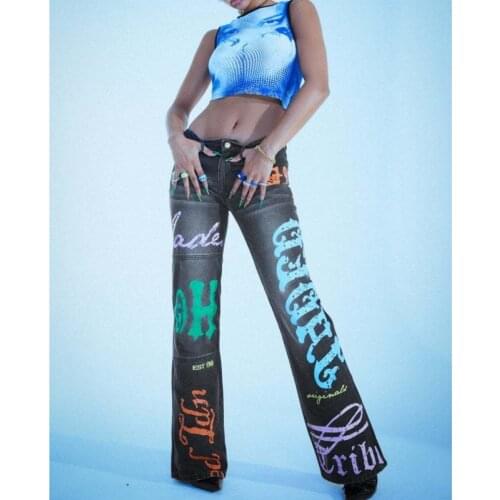 Y2K Letter Print Denim Pants Womens Casual High Street Low Rise Jeans Women 2021 Autumn Vintage Loose Low Rise Jeans Trousers