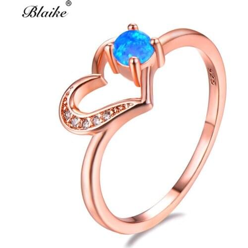 Blaike Round Blue/White/Purple Fire Opal Hollow Heart Rings For Women Rose Gold Filled Birthstone Ring Simple Fashion Jewelry