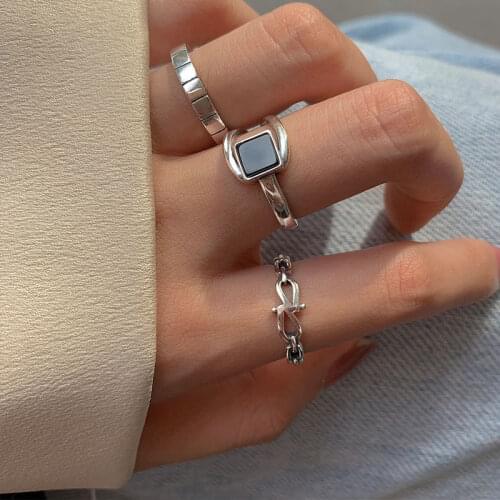 S925 Sterling Silver Rings for Women Fashion Geometry Black Crystal Square Simplicity Adjustable Accessories Jewelry Wholesale