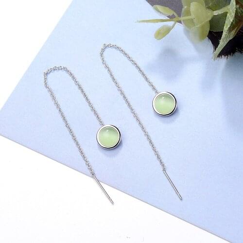 925 Sterling Silver Tassel Green Opal Round Bead Charm Drop Earrings for Women Jewelry Accessories pendientes eh904