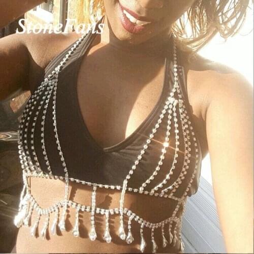 Stonefans Tassel Body Chain Rhinestone Bra Chain Top Jewelry for Women Sexy Bikini Crystal Body Harness Bra Jewelry Nightclub