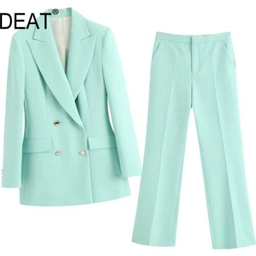 [DEAT] 2021 New Double Breasted Chic Autumn Handsome Casual Suit Coat + High Waist Wide Leg Pants Mop Pants Womens Suit 13T810
