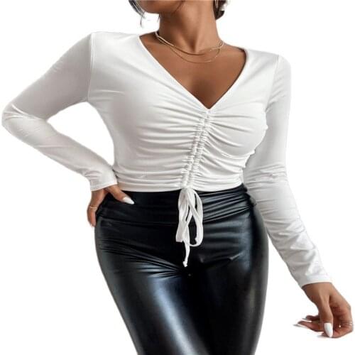 2021 Autumn And Winter Long-Sleeved V-Neck Womens Sexy Cropped Drawstring Ladies Plus Fleece Top