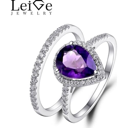 Leige Jewelry Pear Cut Amethyst Ring Natural Gemstone Wedding Rings Set for Women Anniversary Gift Sterling Silver Fine Jewelry